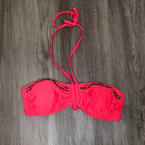 OP Other - OCEAN PACIFIC Women's Pink/Black Sequin Trim Halter Bikini Swim Top sz Jr's S